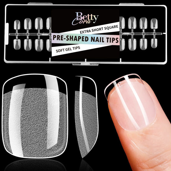 Picture of Square Nail Tips, BettyCora 240Pcs Short Gel X Nail Tips Pre-buff Soft Gel Tips for Acrylic Nail Extensions Soak Off, Extra Short Square, 12 Sizes