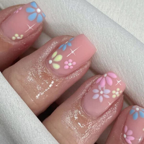 Picture of Short Press on Nails, BettyCora Nude Flowers Square Nails 24 False Fake Nails with Nail Glue, Nude Flowers