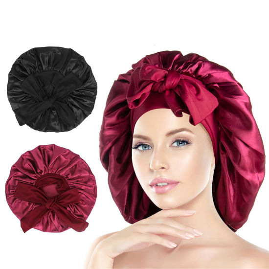 Picture of Arqumi Pack of 2 Satin Sleeping Bonnet, Large Satin Sleep Bonnet with Elastic Long Strap, Adjustable Sleep Cap Hair Bonnet for Women & Men, Black+Red