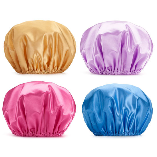 Picture of AmazerBath 4-Pack Shower Caps for Women, Double Waterproof Layers Bathing Shower Hat Hair Protection EVA Reusable, Medium Size - Ocean Blue, Light Purple, Gold, Rose Red