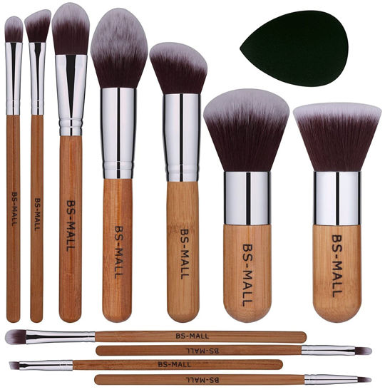 Picture of BS-MALL Makeup Brush Set 11Pcs Bamboo Synthetic Kabuki Brush Set Foundation Powder Blending Concealer Eye shadows Blush Cosmetics Brushes with Organizer Bag & Makeup Sponge