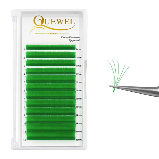 Picture of Easy Fan Volume Lashes .07 D Curl Green Volume Lash Extensions 9-16mm Mixed Lash Tray Color Lashes Extension Self Fanning 2D-10D Volume Eyelash Extensions by QUEWEL (Green 0.07 D 9-16mm)