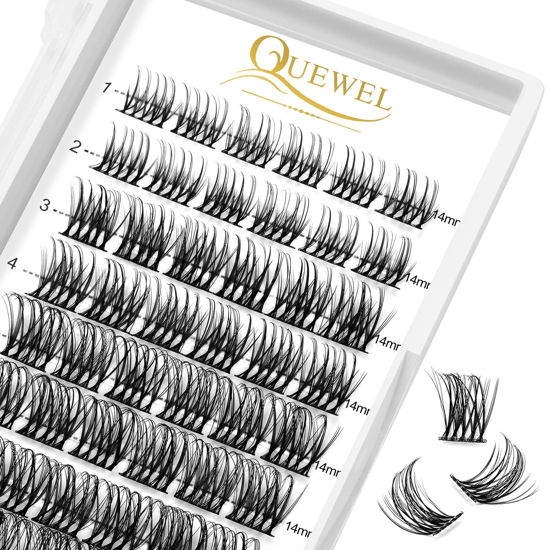 Picture of QUEWEL Lash Clusters 72 Pcs Wide Stem Cluster Lashes 14mm DIY Eyelash Extension Individual False Eyelashes Soft & Do Not Break for Personal Makeup Use at Home(QUH-S021-14mm)