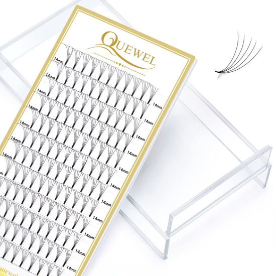 Picture of QUEWEL Premade Fans Eyelash Extensions 5D 0.10C 14mm Short Stem in Multipurpose Premades Lash Tray 3D~6D/.07/.10 C/D 8-15mm Premade Volume Lash Extensions Long Lasting Premade Lash Fans(5D-0.10C-14)