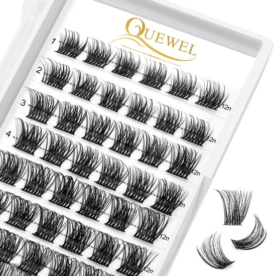 Picture of QUEWEL Lash Clusters 72 Pcs Wide Stem Cluster Lashes 12mm DIY Eyelash Extension Individual False Eyelashes Soft & Do Not Break for Personal Makeup Use at Home(QUH-S017-12mm)