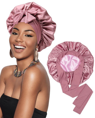 Picture of Satin Bonnet Silk Bonnet for Sleeping Silk Sleep Cap Double Layer Hair Bonnet with Elastic Tie Band for Curly Hair Night Cap (Bean Paste + Pink)