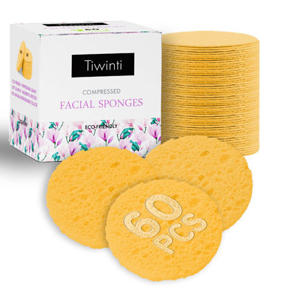 Picture of 60-Count Compressed Facial Sponges|TiwinTi 100% Natural Cellulose Sponges|Face Cleansing|Makeup Remover|Facial Sponges for Estheticians|Exfoliating Sponge|Pore Exfoliation|Reusable