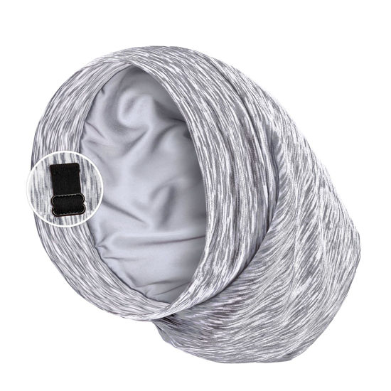 Picture of Satin Lined Sleep Cap Bonnet for Curly Hair and Braids, Stay On All Night Hair Wrap with Adjustable Strap for Women and Men, Light Grey and White, Pack of 1