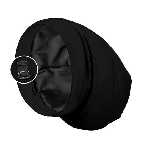 Picture of PARISBELLA Satin Lined Sleep Cap Bonnet for Curly Hair and Braids, Stay On All Night Hair Wrap with Adjustable Strap for Women and Men, Black, Pack of 1