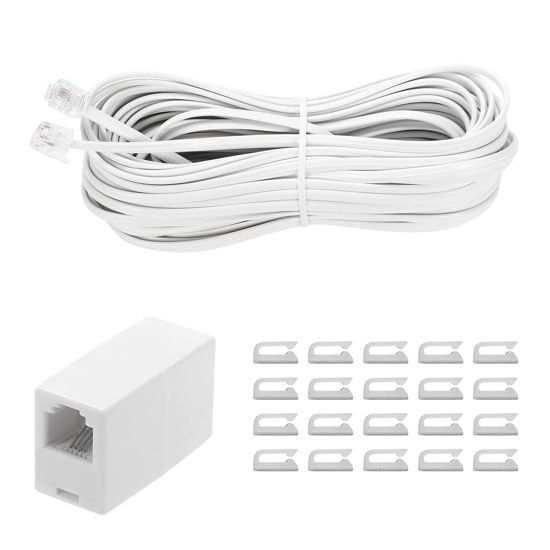 Picture of Vthahaby 50 Feet Long Telephone Extension Cord Phone Cable Line Wire, with Standard RJ11 Plug and 1 in-Line Couplers and 15 Cable Clip Holders-White (White 15M)