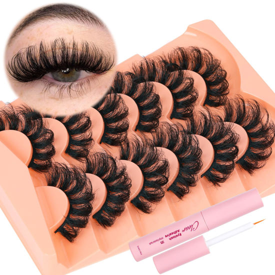 Picture of False Lashes Mink 8D Fake Eyelashes with Glue 20mm False Eyelashes D Curl Faux Mink Lashes Kit Curly Wispy Eye Lashes with Lash Glue by TOOCHUNAG