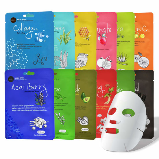 Picture of Celavi Essence Facial Sheet Face Mask Variety Set Classic Authentic Korean Moisturizing Skincare (12-Packs)