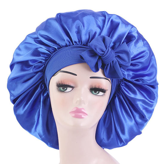 Picture of Satin Bonnet Silk Bonnet with Elastic Tie Band Adjustable Straps Hair Bonnet Jumbo Size for Sleeping Satin Bonnet Stretchy Tie Band for Women Long Curly Braid Hair (Blue)