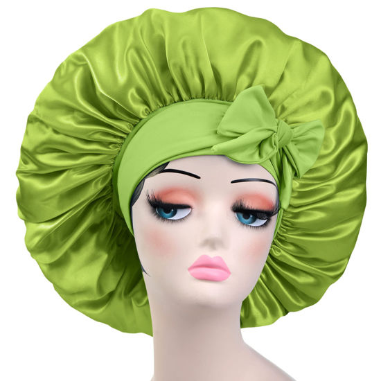 Picture of Satin Bonnet Silk Bonnet with Elastic Tie Band Adjustable Straps Hair Bonnet Jumbo Size for Sleeping Satin Bonnet Stretchy Tie Band for Women Long Curly Braid Hair (Gold Green)