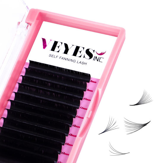 Picture of VEYES INC Eyelash Extension Easy Fan Volume Lashes 0.03 D-Curl 16mm, Self Fanning Lash Extension Supplies, Premium Faux Mink Lashes Jet Black