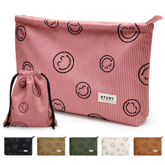 Picture of WLLWOO Makeup Bag-2pcs Smile Face Corduroy Cosmetic Bag Zipper Interior Waterproof Pencil Case Coin Purse Travel Toiletry Small Makeup Pouch For Women