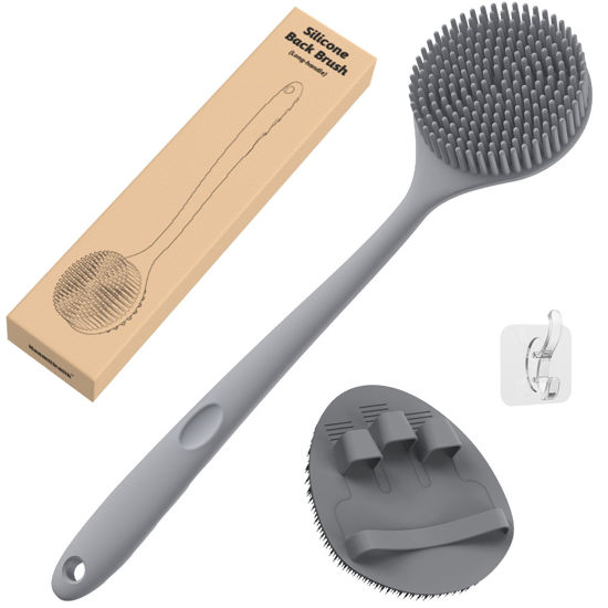 Picture of Manmihealth Silicone Back Scrubber(Thick Bristles) & Soft Bath Glove Set, Super-Exfoliating Body Scrubber & Super-Lathering Shower Brush Combination, with a Free Hook.(Gray)