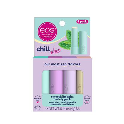 Picture of eos Chill Vibes Lip Balm Variety Pack- Chamomile, Eucalyptus Mint, Sweet Mint & Vanilla Bean, All-Day Moisture Lip Care Products, 0.14 oz, 4-Pack