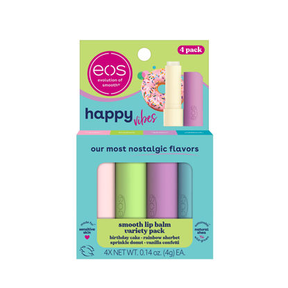 Picture of eos Happy Vibes Lip Balm Variety Pack- Sprinkle Donut, Birthday Cake, Vanilla Confetti & Rainbow Sherbet, All-Day Moisture Lip Care Products, 0.14 oz, 4-Pack