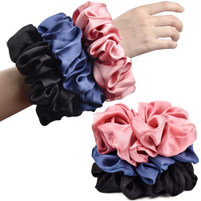 Picture of CEELGON Big Real Silk Scrunchies for Women Large Scrunchie Satin Oversized Silk Thick Elastic Hair Ties Jumbo Hair Scrunchies 3 Pack (black,pink,blue)