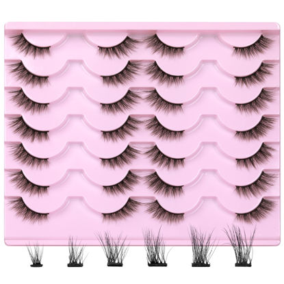 Picture of Newcally Half Lashes Mink Natural Cat Eye Wispy False Eyelashes Fluffy Volume Strip Fake Eyelashes Accent Corner 3/4 Eye Lashes DIY Cluster Faux Mink Half Eyelashes 14 Pairs Black