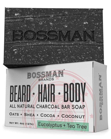 Picture of Bossman Men’s Bar Soap 4-in-1 - Natural Organic Beard Wash, Shampoo, Body Wash, Shaving and Bath Soap - Essential Beard Care (4oz), Scent- Eucalyptus and Tea Tree (1)