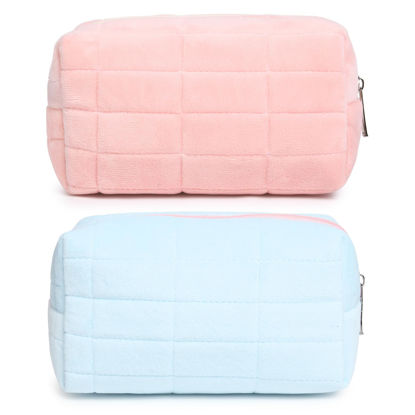 Picture of SOIDRAM 2 Pieces Makeup Bag Cute Cosmetic Bag Plush Pink Blue Checkered Makeup Pouch Coquette Travel Toiletry Bag Organizer Fluffy Makeup Brushes Puffy Storage Bag for Women