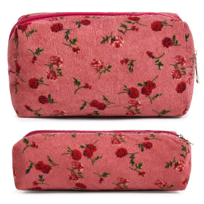 Picture of SOIDRAM Makeup Bag Floral Cosmetic Bag Cute Makeup Pouch 1Pcs Large Capacity Makeup Bags and 1Pcs Makeup Brushes Storage Bag Travel Toiletry Bag Organizer