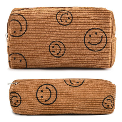 Picture of SOIDRAM 2 Pieces Smile Face Makeup Bag Cosmetic Bag for Women, Corduroy Makeup Pouch Travel Toiletry Bag Organizer Cute Makeup Brushes Storage Bag for Women