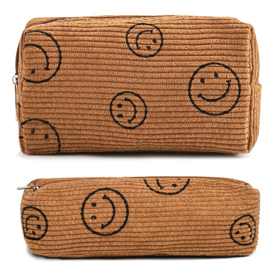 Picture of SOIDRAM 2 Pieces Smile Face Makeup Bag Cosmetic Bag for Women, Corduroy Makeup Pouch Travel Toiletry Bag Organizer Cute Makeup Brushes Storage Bag for Women