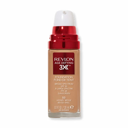 Picture of Revlon Liquid Foundation, Age Defying 3XFace Makeup, Anti-Aging and Firming Formula, SPF 30, Longwear Medium Buildable Coverage with Natural Finish, 050 Honey Beige, 1 Fl Oz