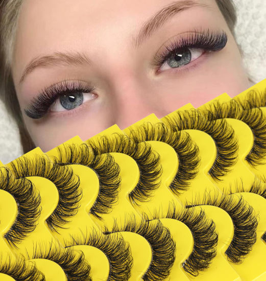 Picture of False Eyelashes Russian Strip Lashes D Curl Wispy Natural Look Faux Mink Lashes Like Eyelash Extension Fluffy zanlufly Transparent Band Cat Eye Fake Eyelashes Pack