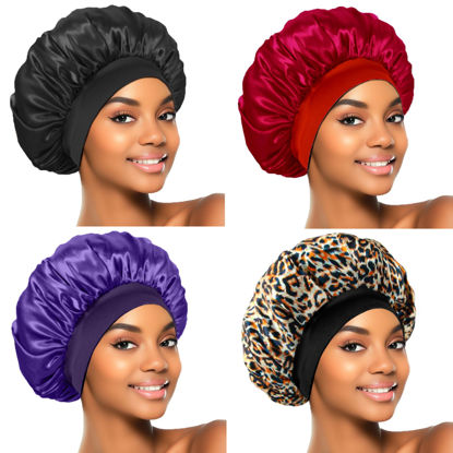 Picture of 4Pcs Silk Bonnet for Sleeping, Satin Hair Bonnets, Soft Elastic Band Silk Sleep Cap, Silk Hair Wrap for Curly Hair (Black Wine Red Purple Gold)