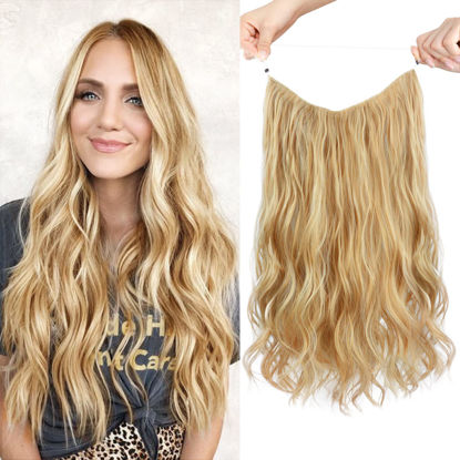 Picture of HOOJIH Wire Hair Extensions 3 Ways Adjustable Headband Size Curly Wavy Invisible Wire Hairpiece 16 Inch 110 Gram Invisible Secret Extensions for Women - Medium Golden Blonde