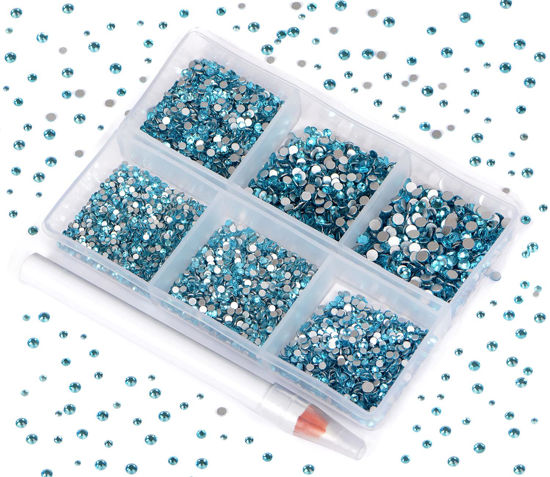 Picture of Bymitel 7200 Pieces 6 Mixed Sizes Glue Fix on  Glass Rhinestones Round Crystal Gems Flatback for DIY Jewelry Making with one Picking Pen(6-Sizes 7200PCS, Aquamarine)