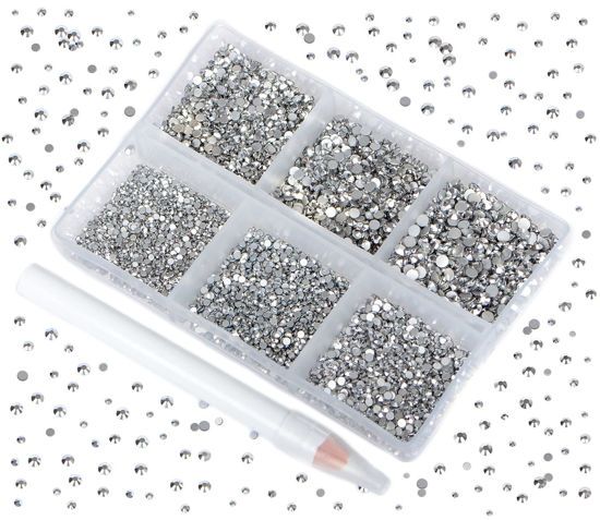 Picture of Bymitel 7200 Pieces 6 Mixed Sizes Glue Fix on Glass Rhinestones Round Crystal Gems Flatback for DIY Jewelry Making with one Picking Pen(6-Sizes 7200PCS, Labrdor)