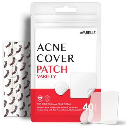 Picture of AVARELLE Acne Pimple Patch (40 Count) Absorbing Hydrocolloid Spot Treatment with Tea Tree Oil, Calendula Oil and Cica, Certified Vegan, Cruelty Free (VARIETY / 40 COUNT)