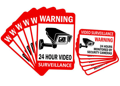 Picture of 12-Pack Video Surveillance Sign (6-pack 6"x4" & 6-pack 3.5"x2.5"), Double-Sided Vinyl Decals for No Trespassing-Warning Sticker-Security Sign-Surveillance Camera-Recording Sign, Laminated for UV-Water