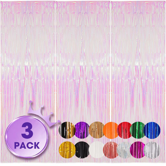 Picture of Voircoloria 3 Pack 3.3x8.2 Feet Iridescent Transparent Foil Fringe Backdrop Curtains, Tinsel Streamers Birthday Party Decorations, Fringe Backdrop for Graduation Baby Shower Gender Reveal Disco Party