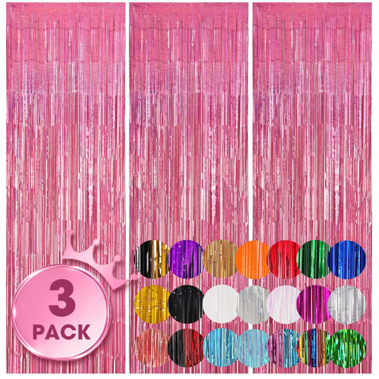 Picture of Voircoloria 3 Pack 3.3x8.2 Feet Laser Pink Foil Fringe Backdrop Curtains, Tinsel Streamers Birthday Party Decorations, Fringe Backdrop for Graduation, Baby Shower, Gender Reveal, Disco Party