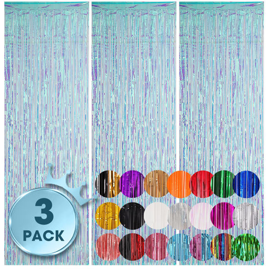 Picture of Voircoloria 3 Pack 3.3x8.2 Feet Neon Iridescent Foil Fringe Backdrop Curtains, Tinsel Streamers Birthday Party Decorations, Fringe Backdrop for Graduation, Baby Shower, Gender Reveal, Disco Party