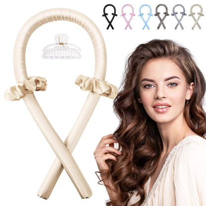 Picture of Heatless Curling Rod Headband, IENIN No Heat Hair Curlers to Sleep in Curl Ribbon with Scrunchies Hair Clips Overnight Hair Curlers for Women Long Hair Styling Tools(Champagne)