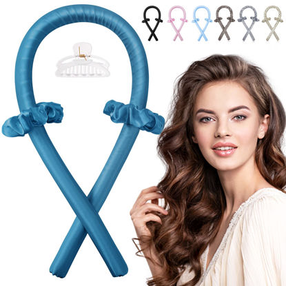 Picture of Heatless Hair Curler - IENIN Heatless Curling Rod Headband Hair Rollers for Long Hair Soft Silk Curl Ribbon with Hair Clips Scrunchies Hair Curlers to Sleep in Styling Tools(Darkblue)