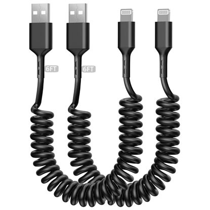 Picture of Coiled Lightning Cable for iPhone, 2 Pack [Apple MFi Certified] 6FT USB to Lightning Cord Coil iPhone Charger Cable for Car Compatible with iPhone 14 13 12 11 Pro Max XS XR X 8 7 6 iPad, Black