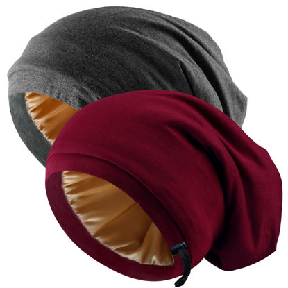 Picture of 2 Pcs Adjustable Silk Satin Bonnet Hair Wrap for Sleeping - Silk Lined Slouchy with Adjustable Strap - Night Caps for Women and Men with Curly Hair - Head Scarf