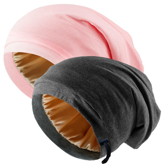 Picture of Silk Satin Bonnet Hair Wrap for Sleeping, 2 Pcs Adjustable Silk Bonnets for Women Men Sleep Cap Silk Lined Slouchy with Adjustable Strap Curly Hair Head Scarf Night Caps