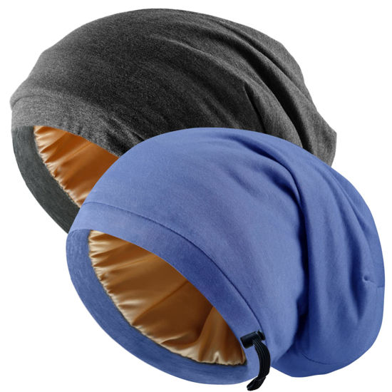 Picture of Silk Satin Bonnet Hair Wrap for Sleeping, 2 Pcs Adjustable Silk Bonnets for Women Men Sleep Cap Silk Lined Slouchy with Adjustable Strap Curly Hair Head Scarf Night Caps