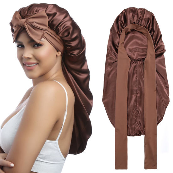 Picture of AWAYTR Long Satin Bonnet for Women - Double Layer Elastic Silk Bonnet for Braids Hair Sleeping Cap with Tie Band (Brown)