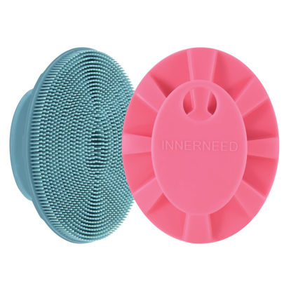 Picture of INNERNEED Silicone Face Scrubber, Exfoliating Brush Manual Handheld Facial Cleansing Brush Blackhead Remover, Food-Grade Soft Bristles (Dark Green+Pink)