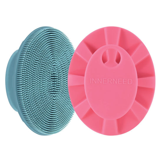 Picture of INNERNEED Silicone Face Scrubber, Exfoliating Brush Manual Handheld Facial Cleansing Brush Blackhead Remover, Food-Grade Soft Bristles (Dark Green+Pink)